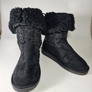 Muk Luks Women Black Fury Knit Faux Suede Fold Down Booties Size 7